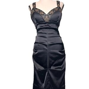 Vtg Cache Stretch Black Satin Cocktail Dress Size 8 Ruched Bodycon Y2K Dress